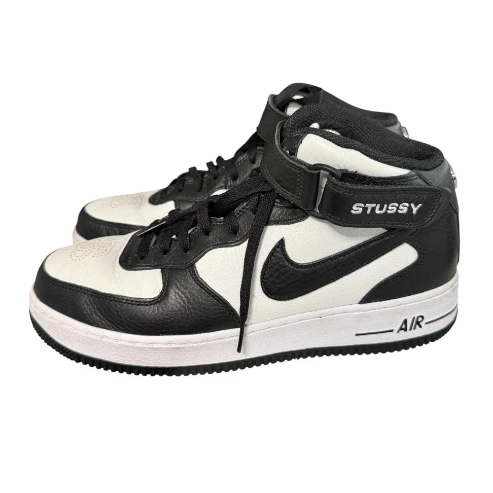 Nike Air Force 1 Mid Stussy Sneakers Mens 9.5 Light Bone Black DJ7840-002